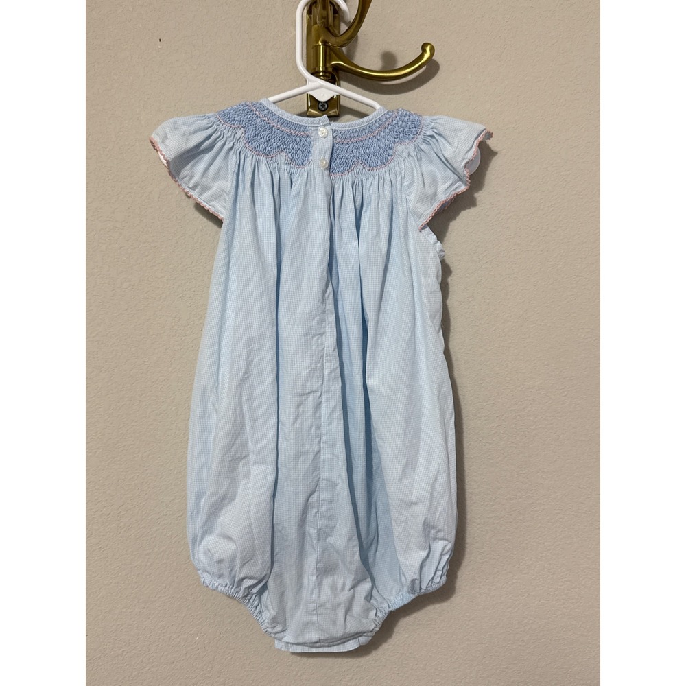 Anavini Smocked Bubble Romper Toddler 24M Blue Gingham Pink Bow Flutter Sleeve - Picture 4 of 4